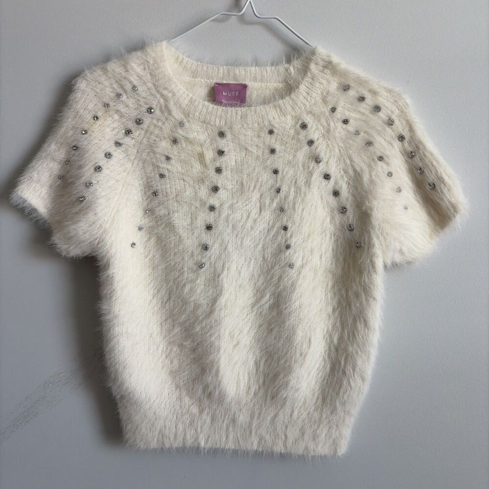 NWT MUSE Republic Clothing Ivory Fuzzy Eyelash Knit Rhinestone Sweater Medium